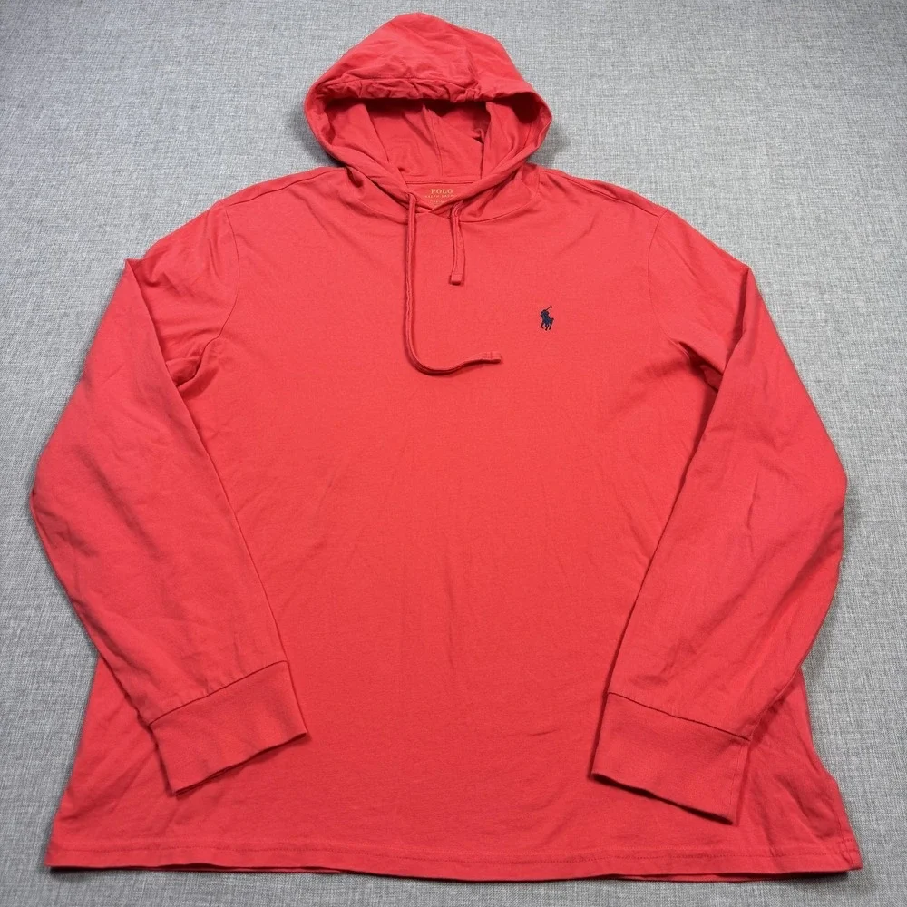 Polo Ralph Lauren Hoodie‎ Mens L Pink Red Pullover Hooded Tagless Cotton Jersey